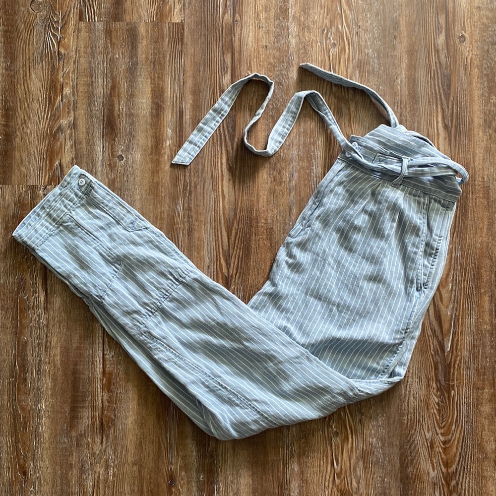Marc by Marc Jacobs Pale Blue Striped Paperbag Waist High Rise Linen Blend Jeans